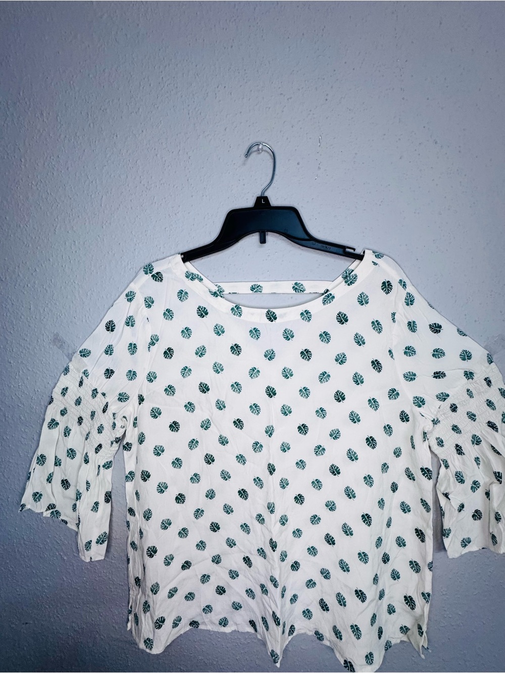 LOFT White Blouse with Green Leaf Motif